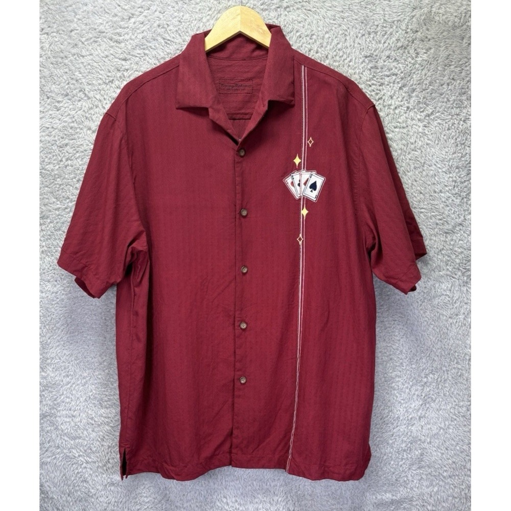 Tommy Bahama Blue Fin Lounge Marlin Silk Blend Camp Shirt Burgundy Red Large - Picture 2 of 14